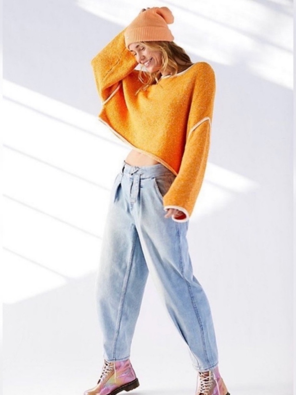 Free People Cropped Orange Bouclé Pullover with White Trim - Picture 2 of 9